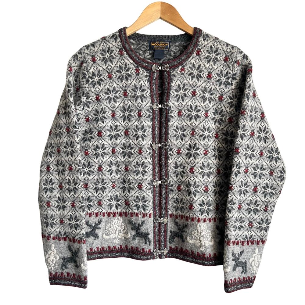 Vintage Woolrich Wool Gray Nordic Knit Cardigan Sweater Metal Clamps Large 19x23